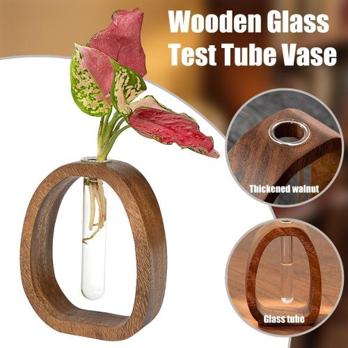 Acacia Small Wood Vase, Glass Tube Plant Propagation Station, MCM Decor