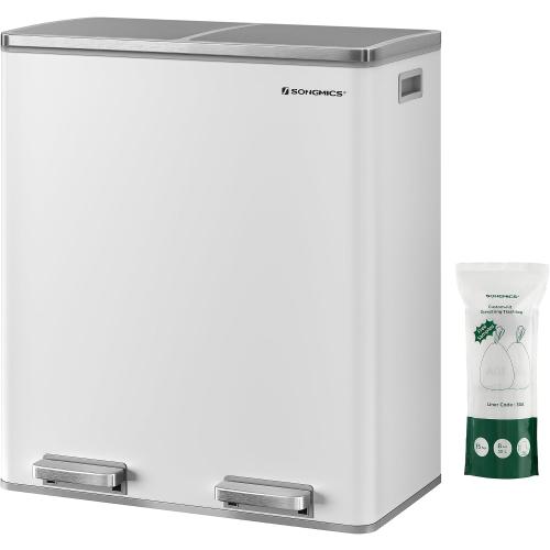 Size 2 x 8 Gallon SONGMICS Trash Can, Size 2 x 8 Gallon (2 x 30 L) Garbage Can for Kitchen, with 15 Trash Bags, 2 Compartments, Plastic Inner Buckets and Hinged Lids, Airtight, White and Gray ULTB60WT