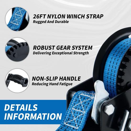 1600lbs Heavy Duty Boat Trailer Winch with 26FT Strap, 2-Way Ratchet & 4:1 Gear Trailer Winch, Portable Hand Crank Winch for Boat, Truck, Trailer, RV, ATV, Jet Ski