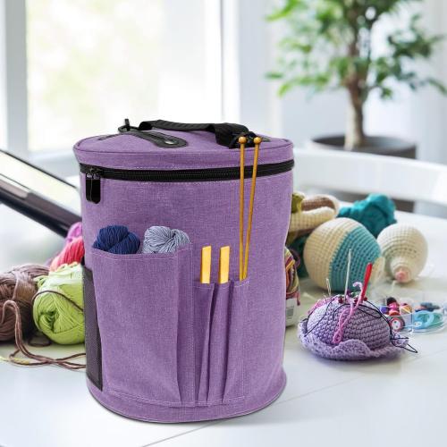 Knitting Bag Yarn Storage, Practical Crochet Bag Organizer with Lid, Portable Yarn Organizer Tote with Handle, Stylish Crochet Bags with Shoulder Strap for Knitting Supplies Crafting (purple)