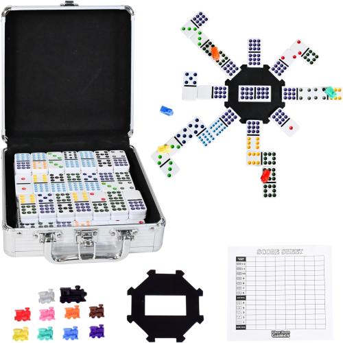 Elbow Room Games Mexican Train Dominoes Set – Double 12 Color Dot Dominos Game with Tin Case & Hub for Family Fun