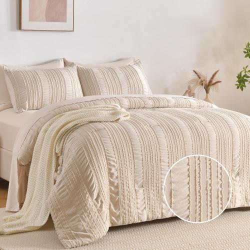Size Queen  Beige Tufted Comforter  Queen Size Bed in a Bag，Shabby Chic Boho Bedding for Bedroom Comforter，All Season Soft Microfiber Ruffle Comforter