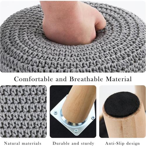 Boho Ottoman Foot Stool Cotton Knitted Round Pouf Ottoman Foot Rest Stool with Non-Skid Wooden Legs Step Stool Padded Seat for Living Room Gray