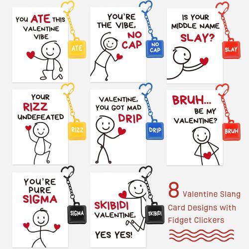 Valentine's Day School Cards for Kids - 24 Slang Cards with 8 Keyboard Keychains - Perfect for Valentine's Day Class Exchange Gifts for Boys, Girls, and Teenagers