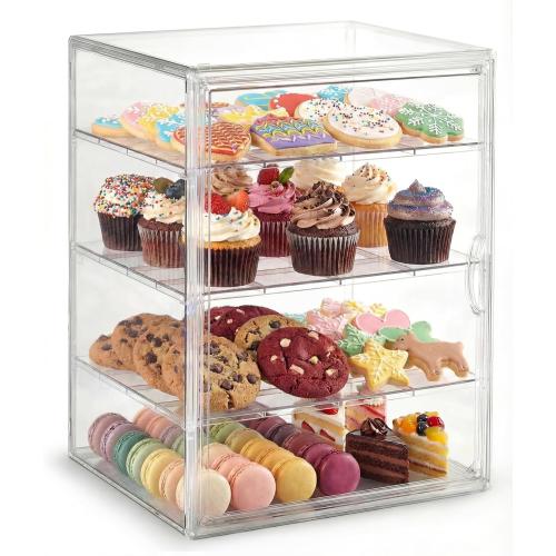 Cookie Display Stand for Bakers, Vendors, Market Booth, Craft Fair, Events | Acrylic Pastry Case with Door for Cupcake, Muffin, Donuts | 4 Tiered Cookie Display Rack with Full Angle Visibility