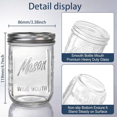 WELLIFE 6-Pack Mason Jars 16 oz with Lids – Wide Mouth Glass mason jars, Airtight Leak-Proof canning jars 16 oz for Food Storage, Fermenting, Pickling, Freezing, and Crafts