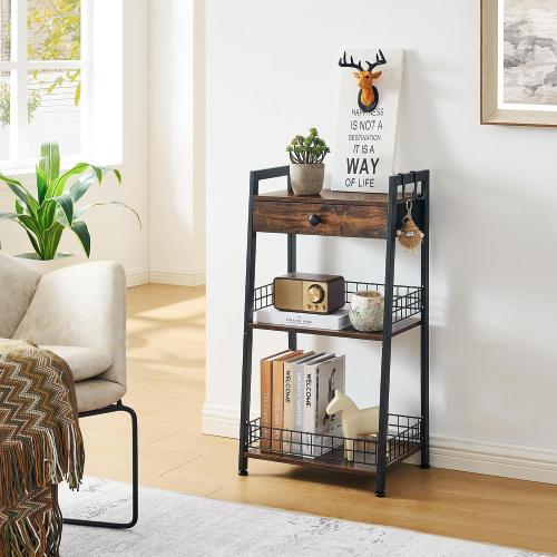 Gewudraw 3-Tier Bathroom Ladder Shelf with Storage Drawer, Rustic Brown