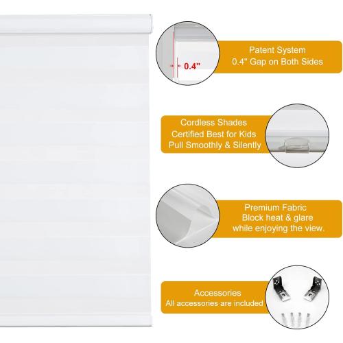 Persilux Cordless Zebra Blinds for Windows Free-Stop Roller Window Shades (22 W X 64 H, White) Dual Layer Light Control for Day and Night, Light Filtering Sheer Shades for Home, Easy to Install