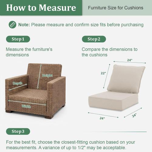 Outdoor Chair Cushions 24 x 24 x 6 Inch, 100% Olefin Patio Furniture Cushions, Water & Fade Resistant Deep Seat Replacement Set with 30D Foam and 7 Inch Back Pillow, Set of 2, Beige