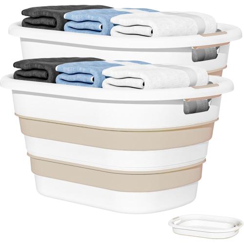 OOAMBB 43L(11.5Gallon) Collapsible Laundry Baskets plastic, Pop Up Laundry hamper/Storage Container, Foldable Laundry Basket with Large Capacity,Sturdy,Space Saver (Beige, 2 Packs)