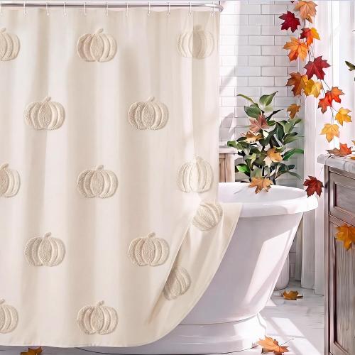 Beige Fall Pumpkin Shower Curtain for Bathroom 3D Tufted Embroidery Design