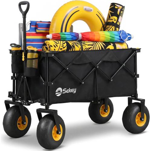 ‼️has mild stains and could have missing pieces ‼️Sekey Heavy Duty Beach Wagon with 9 Big Sand-Proof Wheels – 600lb Capacity, 200L Oversized Foldable Cart | Adjustable Handle & All-Terrain Tires for Sand, Camping, Groceries