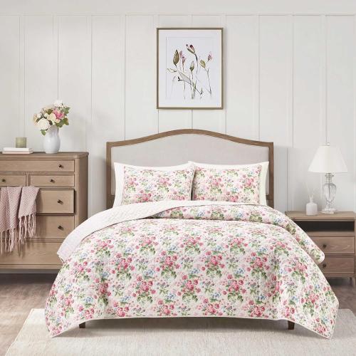 Laura Ashley - Soft & Reversible Queen Quilt Set with Shams, Floral Bedding