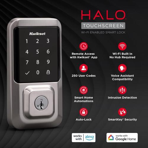 Kwikset Halo Wi-Fi Smart Lock, Keyless Entry Door Deadbolt, Geofence Auto-Unlock, Grade AAA Certified, No Hub Required Easy Install, Satin Nickel Lifetime Finish Warranty, Touchscreen