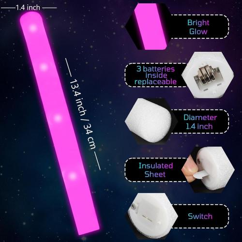 Foam Glow Sticks Bulk, 30 PCS Pink Light Up Foam Sticks 3 Modes, Glow Party Supplies for Wedding,Raves, Carnival, Concert, Halloween, Christmas, Valentine's Day