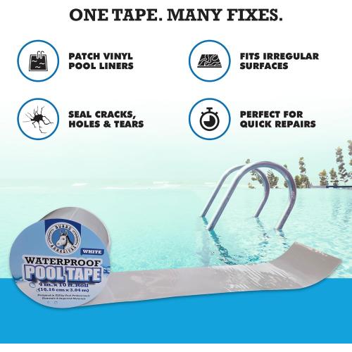Burro Adhesives Waterproof White Pool Tape 4 x 10' - Heavy Duty PVC Vinyl Pool Repair for Underwater & Dry Applications, Commercial & Residential Pools, Instantly Seals Leaks