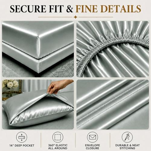 Silky Satin Sheet Set Queen Size 4 Piece Hair Care Silver Grey