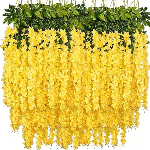 Artificial Wisteria Hanging Flowers Fake Wisteria Flower Garland Silk Vines Rattan Decor for Home Wedding Arch Wall Garden Greenery Bedroom Outdoor Office Party Decoration (12, Yellow)