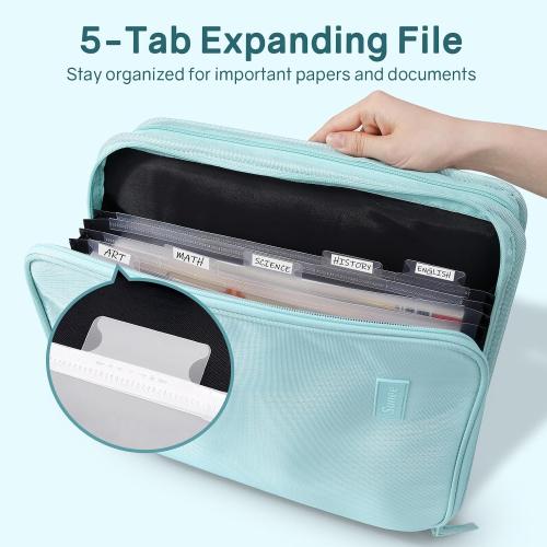 SUNEE Zippered Binder Bag with Handle, 2-Inch 3-Ring O-Ring, 500-Sheet Capacity, Includes Zip Pocket, 5-Tab Expanding File Folder, Multi-Pocket Organizer Binder for Middle School, Sky Blue