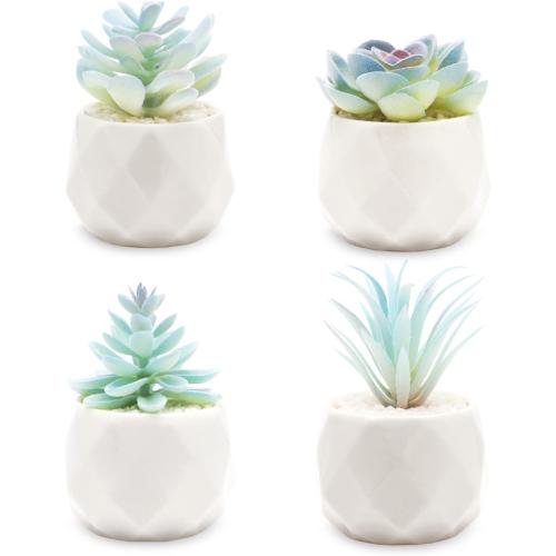 VIVERIE Mini Blue Artificial Succulent in Pots (White Ceramic, 4 Pot Set) Fake Plants for Indoors, Office Decor Blue Gift for Women, Office Home Decor Gifts-Faux Plant