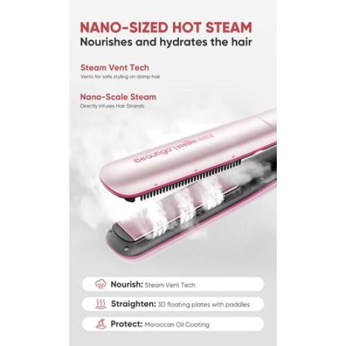 Beautigo Steam Hair Straightener Flat Iron, Anti-Frizz Moisturizing Steam, Reduce Heat Damage, 20s Fast Heat, Ceramic Plates for Thick, Curly & Frizzy Hair, Rose Gold