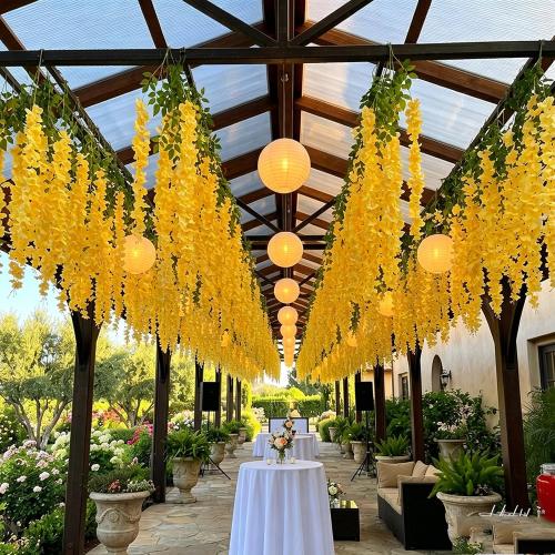 Artificial Wisteria Hanging Flowers Fake Wisteria Flower Garland Silk Vines Rattan Decor for Home Wedding Arch Wall Garden Greenery Bedroom Outdoor Office Party Decoration (12, Yellow)