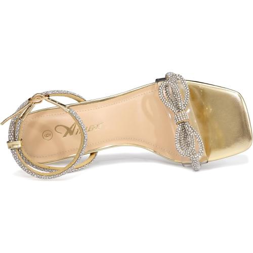 Size 11 Gold and Silver Athlefit Women's Rhinestone Bow Heels Clear Open Square Toe Block Heels Buckle Heeled Sandals for Party Wedding