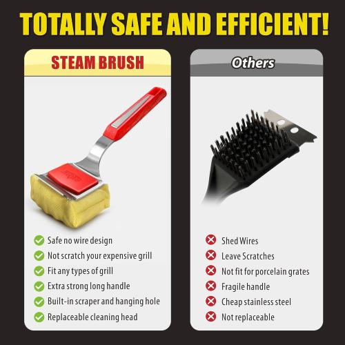 GRILLART Grill Brush Bristle Free. SteamWizards BBQ Replaceable Cleaning Head, Unique Seamless-Fit Scraper Tool for Cast Iron/Stainless-Steel Grates, Safe Barbecue Grill Cleaner-Red