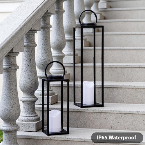 Large Solar Outdoor Lanterns, 25 16 Tall Farmhouse Black Metal Waterproof Decorative Lanterns with Solar Candles for Front Porch, Patio, Christmas, Fall Decor- Set of 2