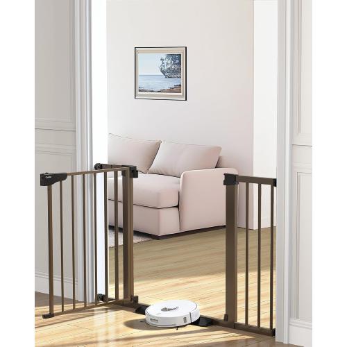 Cumbor 30-46 Baby Gate for Stairs, Auto Close Dog Gate for the House Brown | Mom's Choice Awards Winner-Easy Install Pressure Mounted Pet Gates for Doorways, Easy Walk Thru Wide Safety Gate for Dogs
