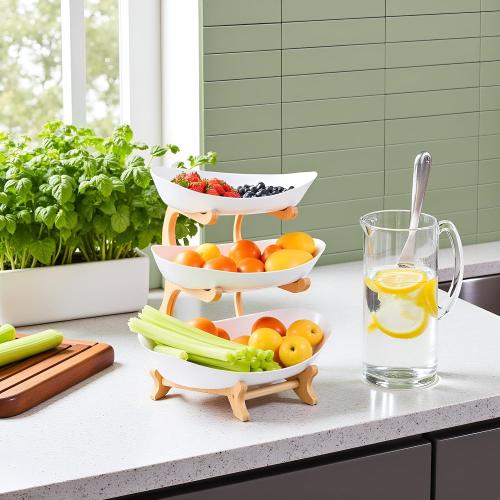Fruit Bowl for Kitchen Counter, 3 Tier Plastic Serving Bowls with Bamboo Stand, Tiered Fruit Basket for Fruits Vegetable Storage, Cake, Dessert, Nuts, Snack, Salad for Party Wedding