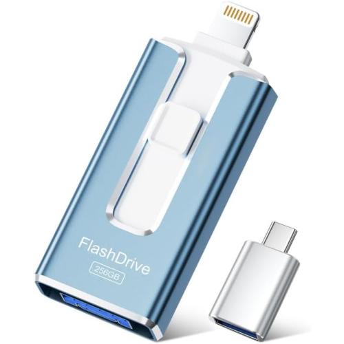 MFi Certified Flash Drive for iPhone iPad 256GB, Photo Stick for External Memory Storage, Easily Back Up and Save Photos Videos, USB Memory Stick Thumb Drive for iPhone/iPad/Android/PC (Sky Blue)