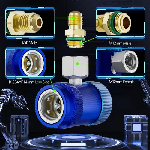HTOMT R1234yf Adapter,Adjustable R1234yf Quick Couplers Adapter,Air Conditioning Line Repair Tools High/Low Side Connectors R1234yf Quick Coupler Kit,r-1234yf Adapter Set of 2