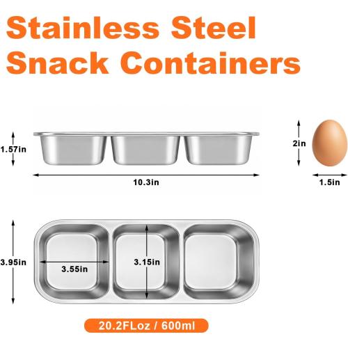 4 Pack Stainless Steel Snack Containers with Lids 3 Compartments