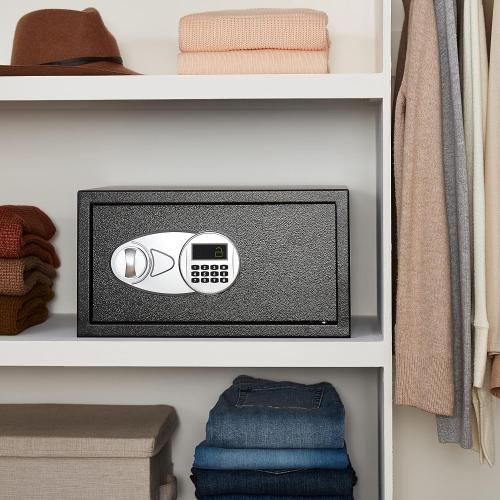 Amazon Basics Steel Security Safe and Lock Box with Programmable Electronic Keypad, for Valuables, Cash, Jewelry, Documents, Black, 1 Cubic Foot, 16.9-x-14.6-x-9.1-inches (WxDxH)