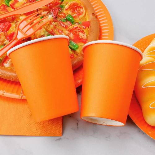 210pcs Orange Paper Plates Disposable Tableware Party Supplies- Includes 9 Dinner Plates, 7 Dessert Plates, 9oz Paper Cups, Napkins, Plastic Forks, Knives And Spoons For All Holiday Parties