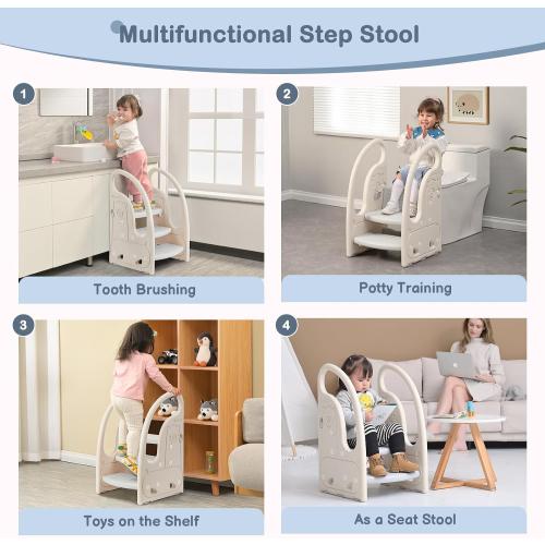 Toddler 3 Step Stool Onasti Kids Standing Tower for Toddlers Plastic Learning Helper Stool for Kitchen Counter Bathroom Sink Toilet Potty Training with Handles and Non-Slip Pads-Grey White