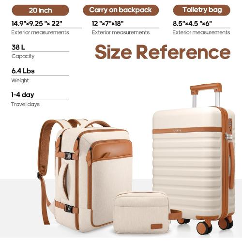 UKEIN Luggage Sets 3 Piece, Carry On Luggage 20In With Spinner Wheels,PC Hardside Suitcase Set with TSA Lock,Durable Carry On Suitcase With Travel Backpack for Men (Beige, 3 piece set (20inch))