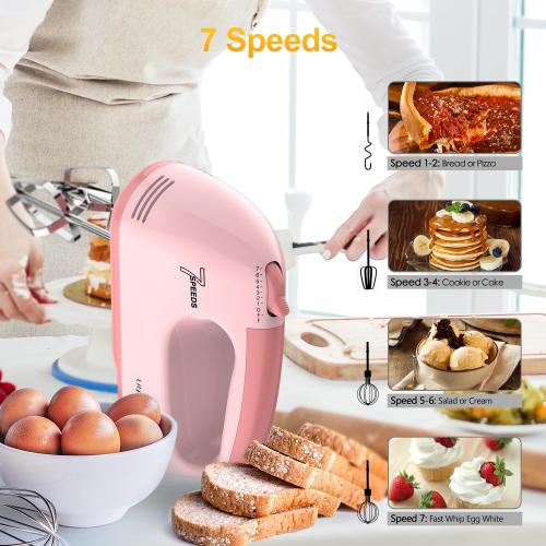 LILPARTNER Hand Mixer Electric, Ultra Power Kitchen Hand Mixer With 7-Speed & 5 Stainless Steel Accessories for Whipping Dough, Cream, Cake, Dishwasher Safe, Light Pink