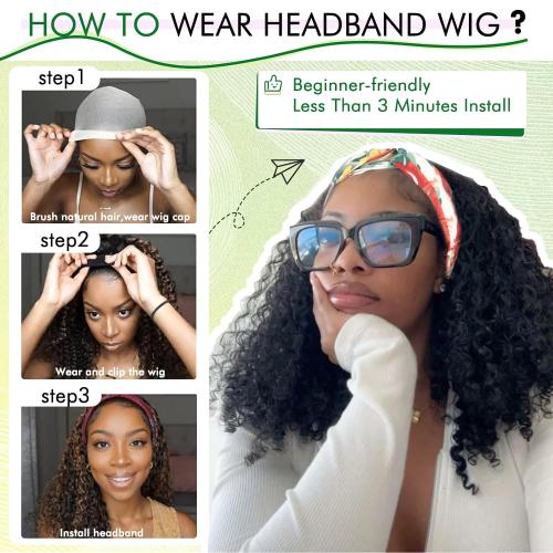 CINHOO Deep Curly Brown Headband Wigs for Black Women 12inch Short Deep Chocolate Brown Base with Gradual Warm Caramel Brown Highlights & Tips Headband Wig for Women Curly Half Wigs with Headbands