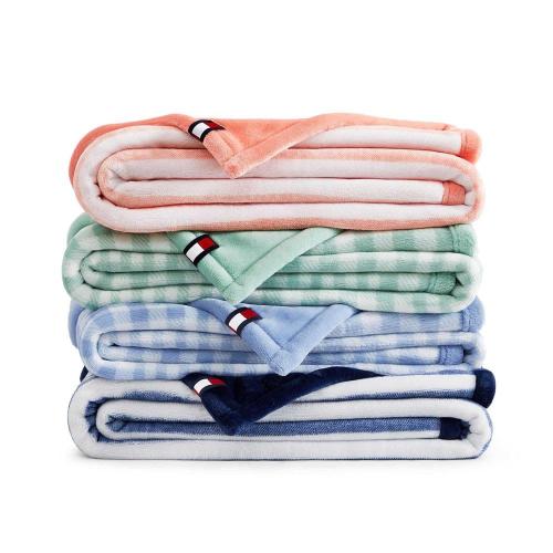 Laguna Beach Stripe 1-Piece White/Deep Blue Reversible Lush Plush Fleece 50 x 70 Throw Blanket