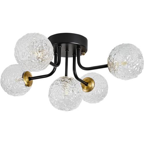 Semi Flush Mount Ceiling Light Black 5-Lights Sputnik Ceiling Light Mid Century Modern Clear Glass Globe Close to Ceiling Light for Bedroom Kitchen Entryway Closet