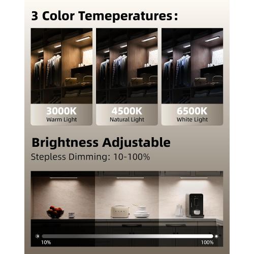 12inch Under Cabinet Lighting with Remote, 2400mAh Rechargeable Motion Sensor Light Indoor, Wireless Closet Lights, Dimmable, 3 Color Temps, Magnetic for Kitchen, Stairs (4 Pack)