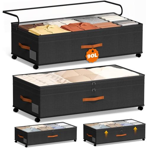 Under Bed Storage with Wheels, 35.5 inches Underbed Storage Large Capacity Under Bed Rolling Containers, 2 Pack Under the Bed Storage for Clothes, Shoes, Blankets (Deep Black)