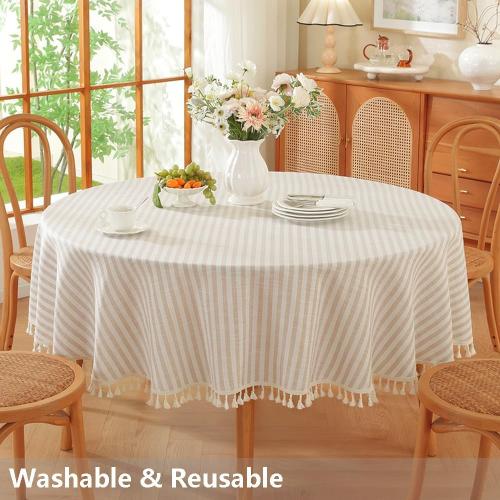 TruDelve Small Round Table Cloth 60 Inch Beige Striped Cloth Tablecloth Boho Fall Round Tablecloths for Outdoor Table Cover (Beige,60,Round)