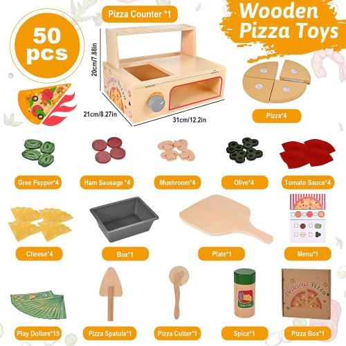 Wooden Pizza Toy, Wooden Pizza Counter Playset with Bake Oven, Montessori Pretend Play Toys, Play Food and Accessories, Cooking Pretend Play Toys for Boys Girls Age 3