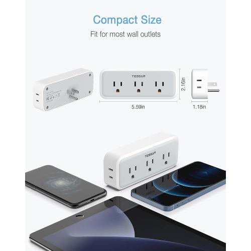 2 pack Multi Plug Outlet Extender, TESSAN Surge Protector Wall Plug Splitter with 5 Electrical Outlet Expander, Multiple Plug Adapter for Travel Home Office