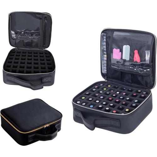 Nail Polish Organizer Holds 42 bottles(15ml-0.5fl.oz)，Nail Polish Carrying Case with Pad Multifunctional Cosmetic Travel Makeup Bag Black