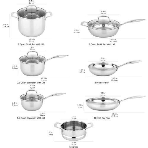 Amazon Basics Stainless Steel Cookware 11-Piece Set, Oven Safe, Pots and Pans, Induction-Ready, Even Heating, Easy to Clean, Heavy Duty, Silver