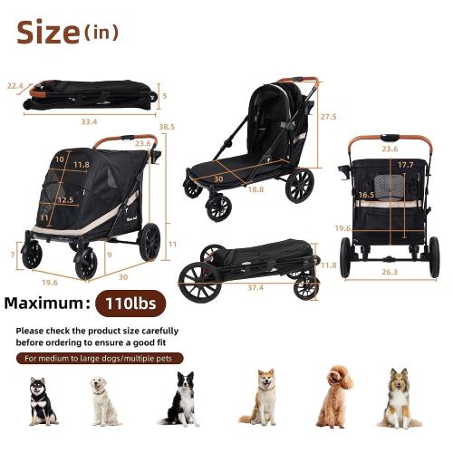 Dog Stroller for Large Dogs One-Click Folding 4 Wheel Foldable Dog Stroller for 2 Dogs with Storage Pocket Suitable for Pets Up to 80LBS (Black, Large)